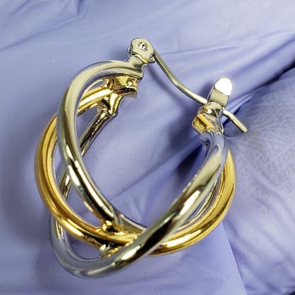 Women's Stunning Polished Dual Tones Triple Hoops Design Latch Back Earrings, 1" - Picture 8 of 9